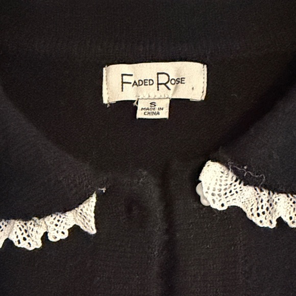 Faded Rose Adorable Black Cardigan w/ White Lace Collar & Flower Buttons NWT SM - Picture 8 of 10